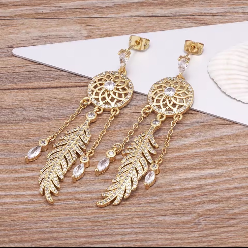 Feather Lotus Tassel Earrings, Luxury Drop Earrings Gold Bohemia Jewelry